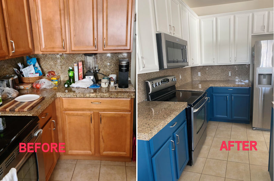 before and after shots of kitchen cabinets in Thornton, co